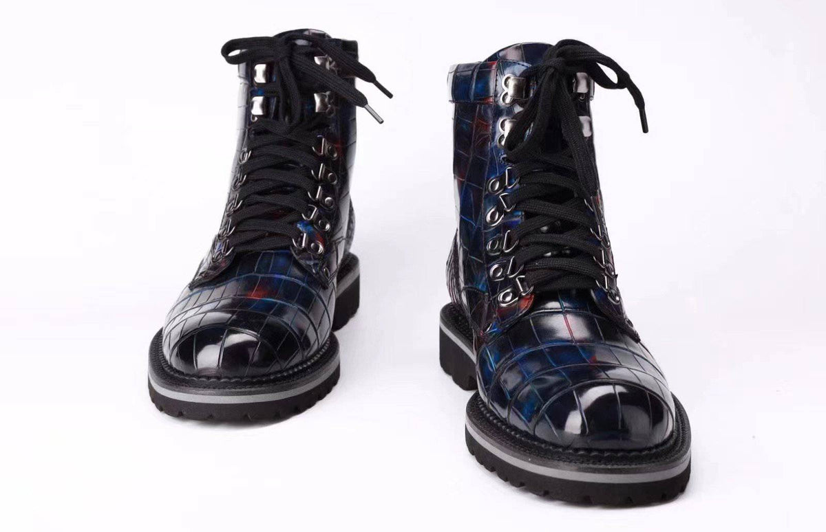Crocodile Shoes Mens Boots Genuine Crocodile Leather High-top Lace Up Anti-Slip Boot Vintage Multi Blue
