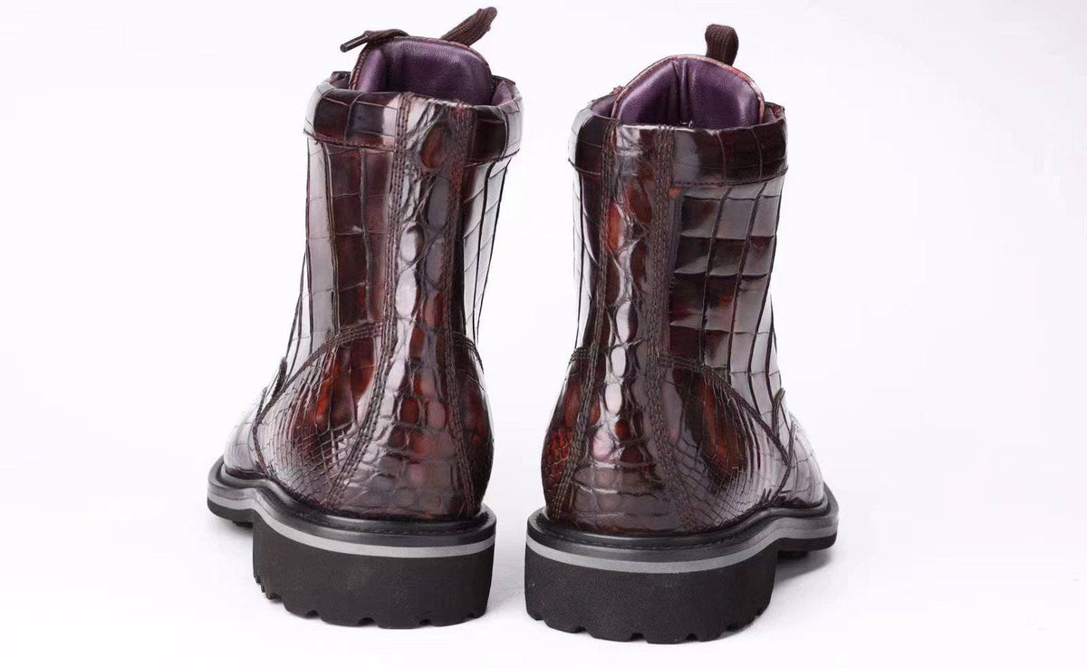 Crocodile Shoes Mens Boots Genuine Crocodile Leather High-top Lace Up Anti-Slip Boot Vintage Wine Red