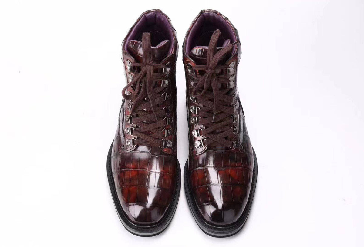 Crocodile Shoes Mens Boots Genuine Crocodile Leather High-top Lace Up Anti-Slip Boot Vintage Wine Red