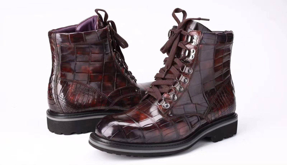 Crocodile Shoes Mens Boots Genuine Crocodile Leather High-top Lace Up Anti-Slip Boot Vintage Wine Red