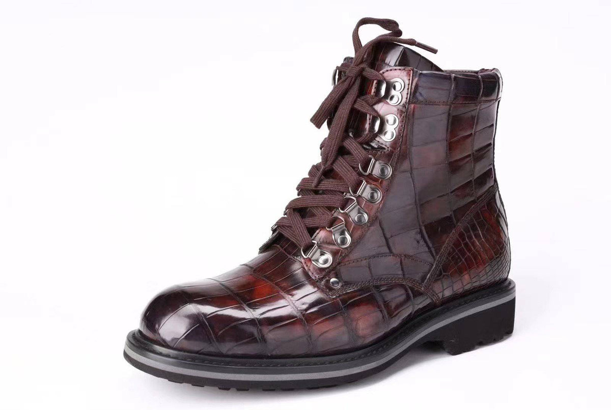 Crocodile Shoes Mens Boots Genuine Crocodile Leather High-top Lace Up Anti-Slip Boot Vintage Wine Red