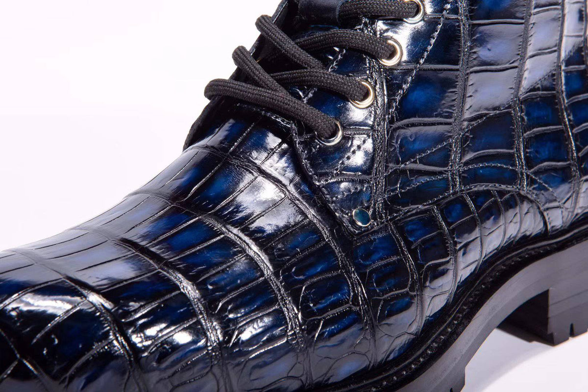 Crocodile Shoes stivali da uomo in vera pelle di coccodrillo, alti con lacci, antiscivolo, vintage blu