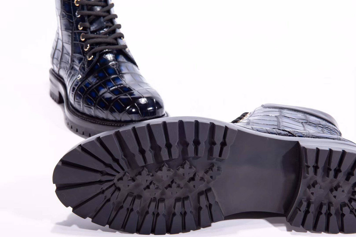 Crocodile Scarpe da uomo stivali in vera pelle di coccodrillo, alti con lacci, antiscivolo, vintage blu