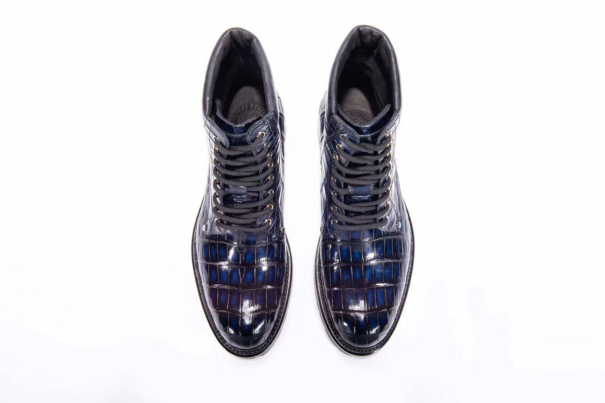 Stivali da uomo in vera pelle di coccodrillo, alti con lacci, antiscivolo, stile vintage blu