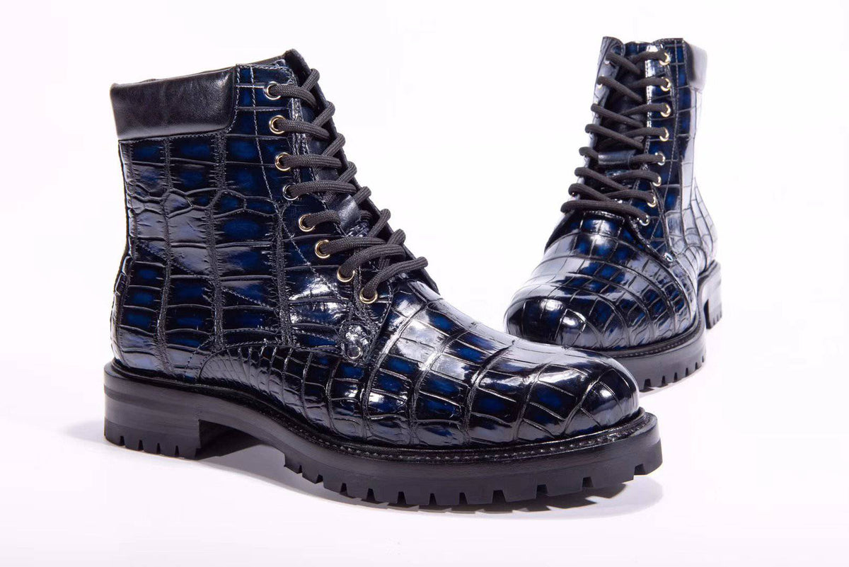 Stivali da uomo Crocodile Shoes in vera pelle di coccodrillo, alti stringati, antiscivolo, stile vintage blu