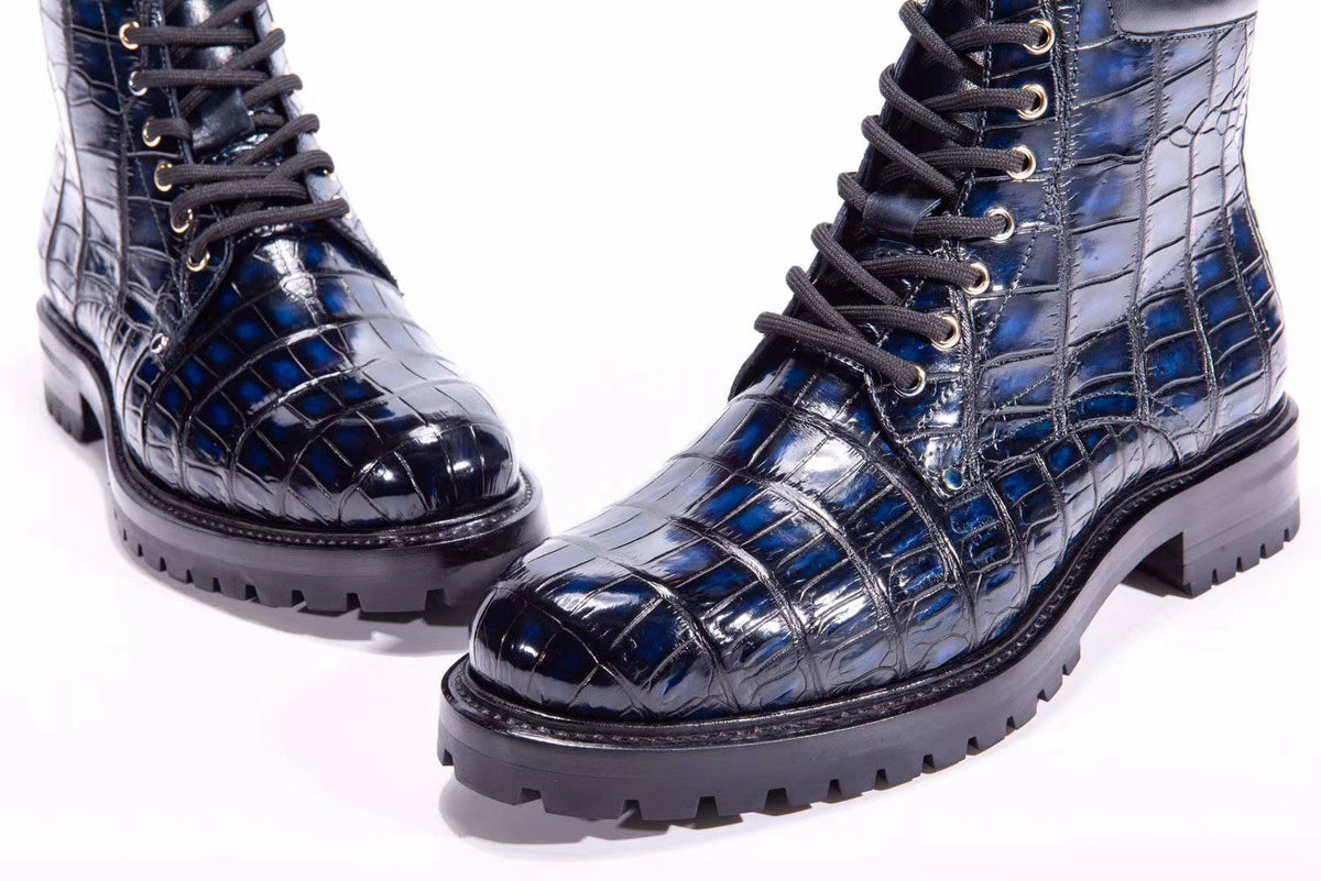 Stivali da uomo Crocodile Shoes in vera pelle di coccodrillo, alti, con lacci, antiscivolo, blu vintage