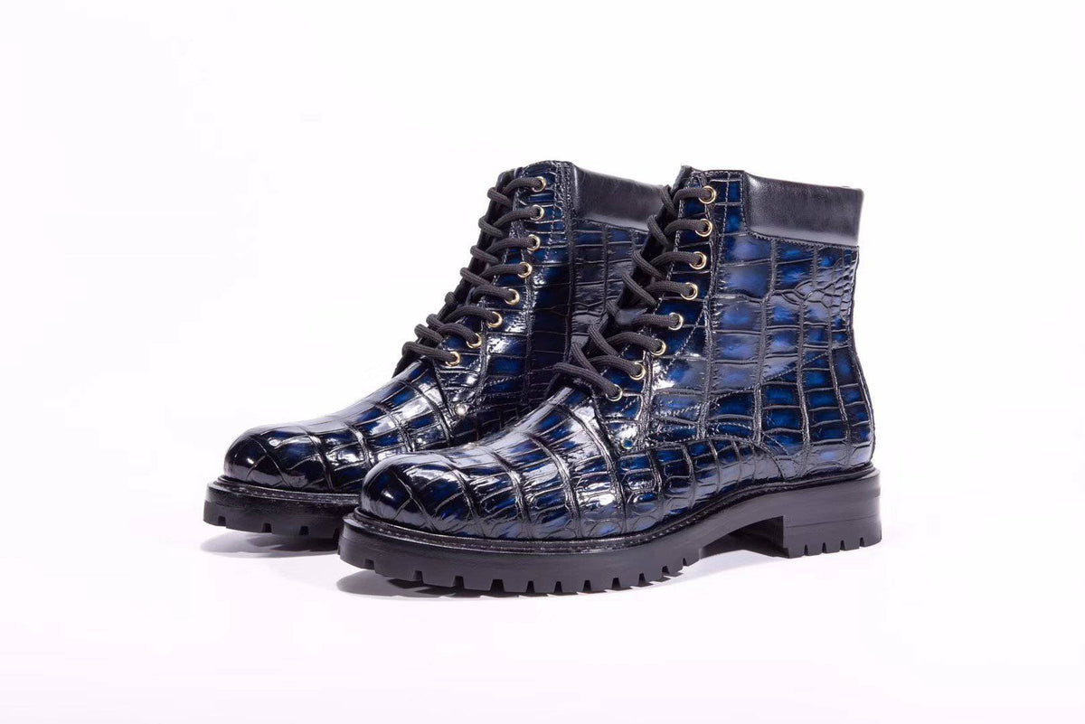 Stivali da uomo in pelle autentica di coccodrillo, alti con lacci, antiscivolo, stile vintage blu