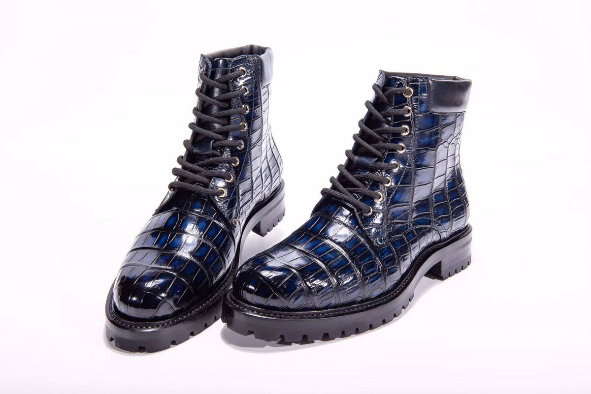 alt
Stivali da uomo Crocodile Shoes in vera pelle di coccodrillo, alti con lacci, antiscivolo, vintage blu
