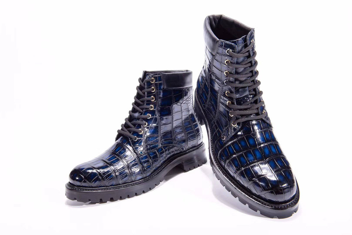 Crocodile Shoes Stivali uomo in vera pelle di coccodrillo, alti, stringati, antiscivolo, blu vintage