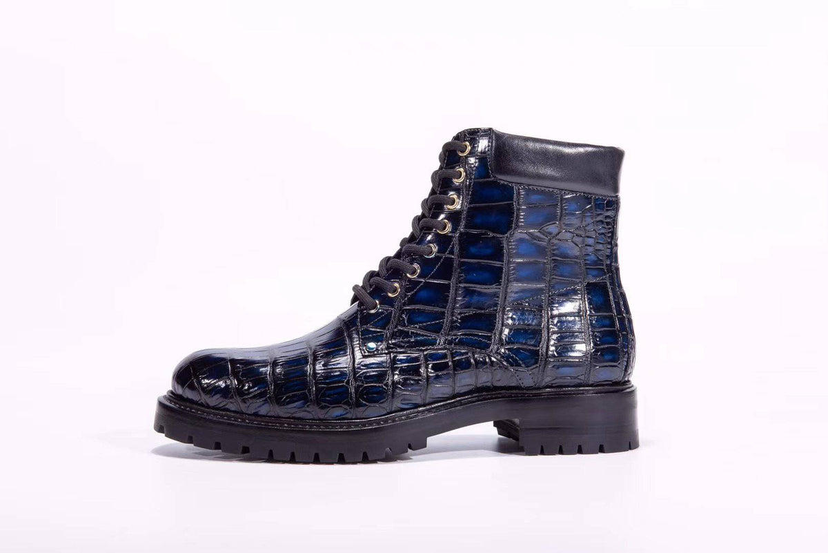 Stivali da uomo Crocodile Shoes in vera pelle di coccodrillo, anfibi alti con lacci, antiscivolo, vintage blu