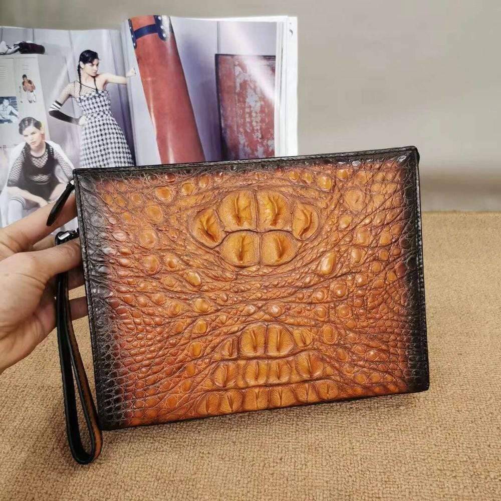 Mens Classic Vintage Genuine Crocodile Leather Zip Clutch Bag