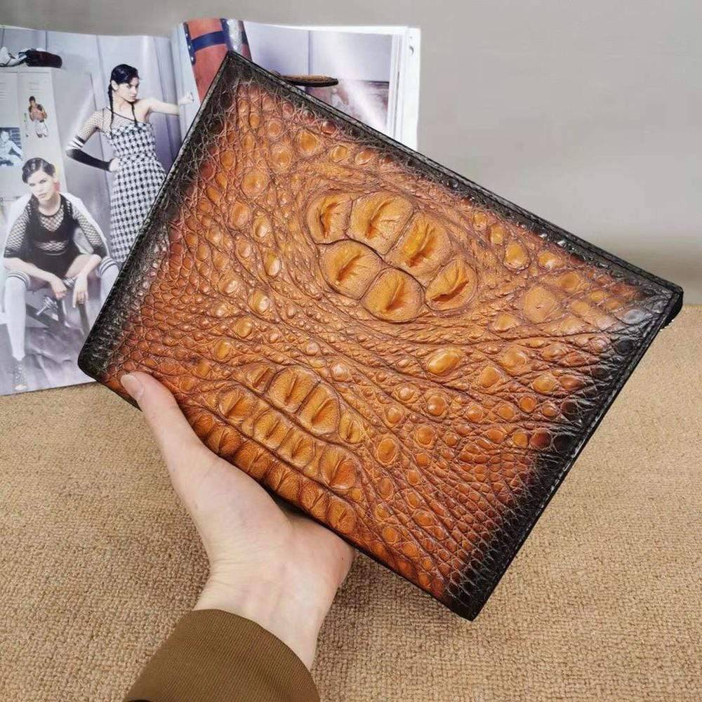 Mens Classic Vintage Genuine Crocodile Leather Zip Clutch Bag