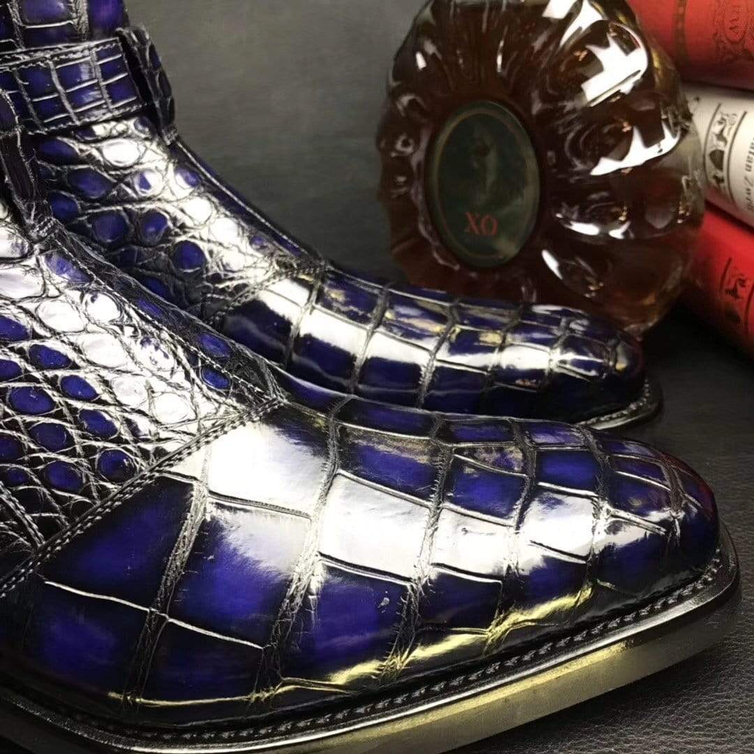 Crocodile Shoes Mens Crocodile Leather Side Zipper Single Buckle Boots
