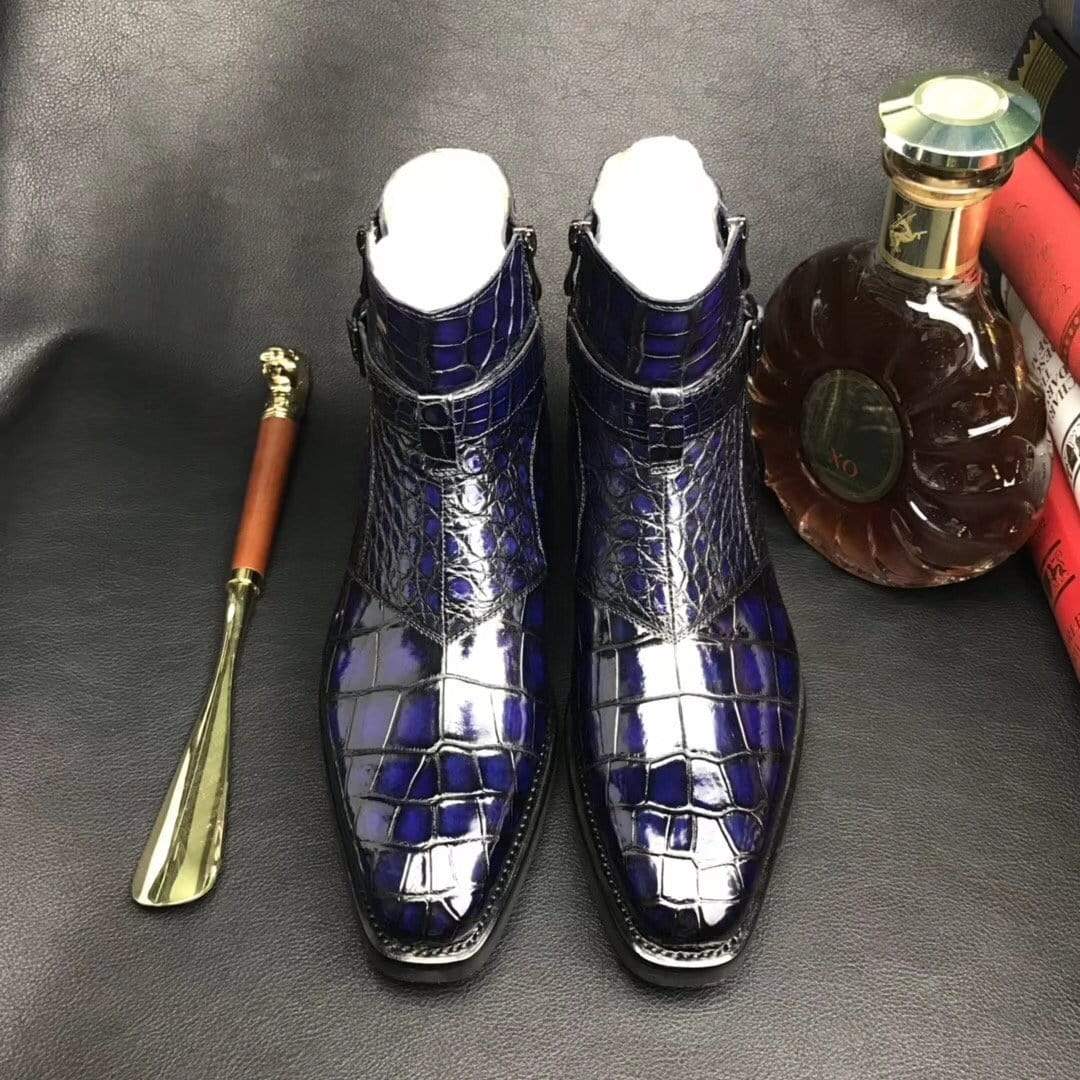 Crocodile Shoes Mens Crocodile Leather Side Zipper Single Buckle Boots