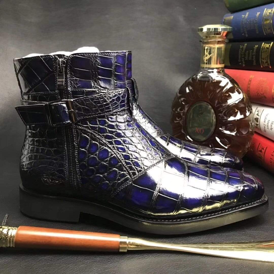 Crocodile Shoes Mens Crocodile Leather Side Zipper Single Buckle Boots