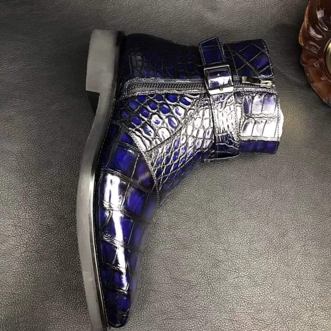 Crocodile Shoes Mens Crocodile Leather Side Zipper Single Buckle Boots