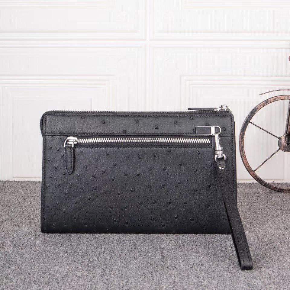 Mens Genuine Ostrich Leather Zipper Clutch Bag Card Wallet With Wrist Handle