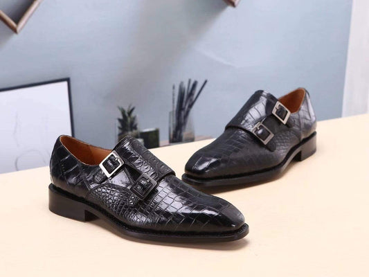 Preorder Crocodile Shoes Mens Shoes Crocodile Leather Monk Double Strap Dress Shoes,Goodyear Sole