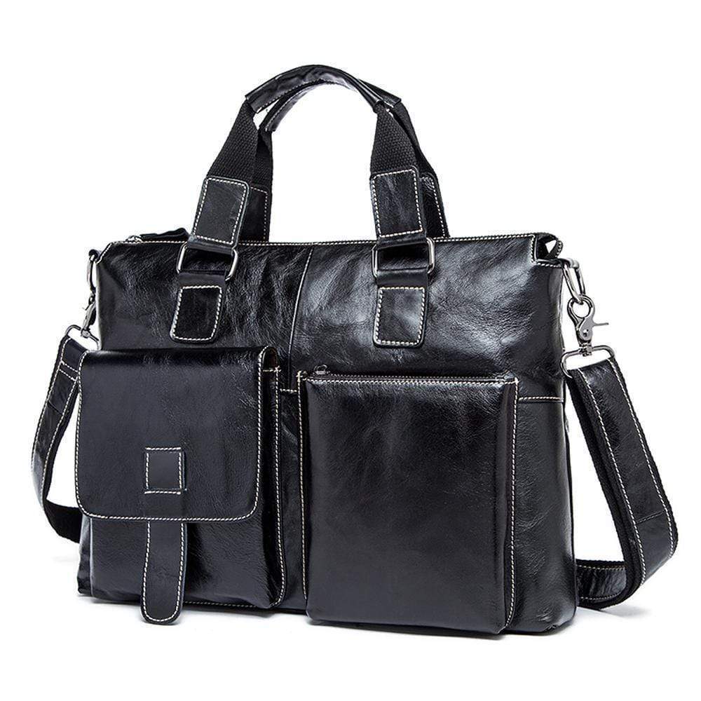 Rossie Viren Men's Bunished Vintage Leather14" Laptop Shoulder Top Handle Bags Black