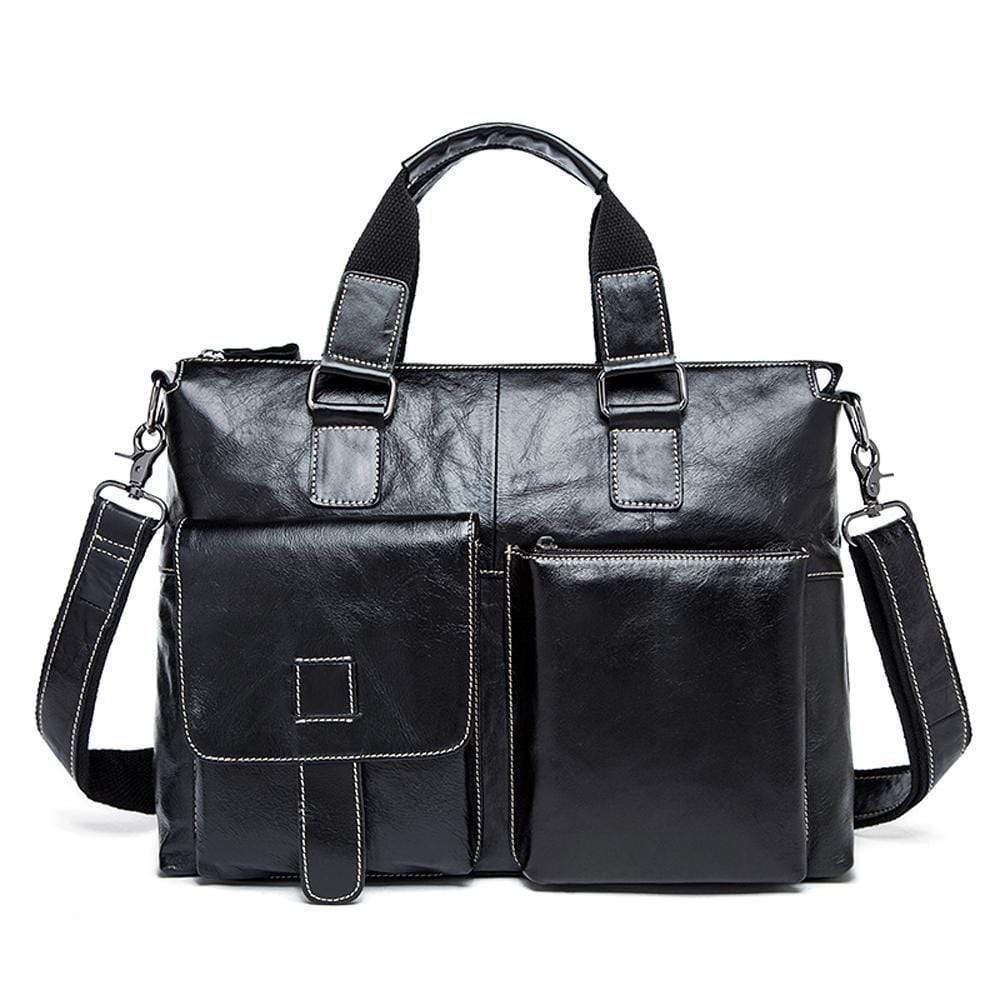 Rossie Viren Men's Bunished Vintage Leather14" Laptop Shoulder Top Handle Bags Black