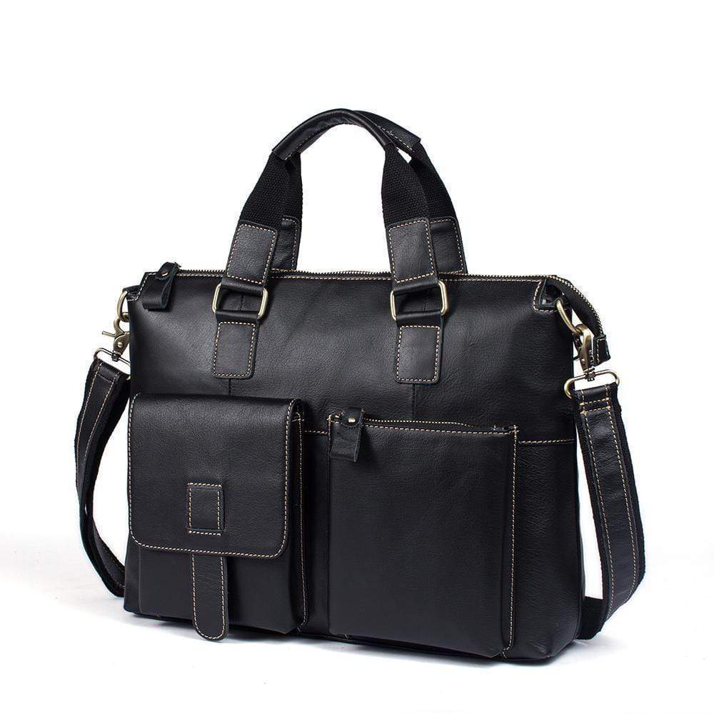 Rossie Viren Men's Bunished Vintage Leather14" Laptop Shoulder Top Handle Bags Black