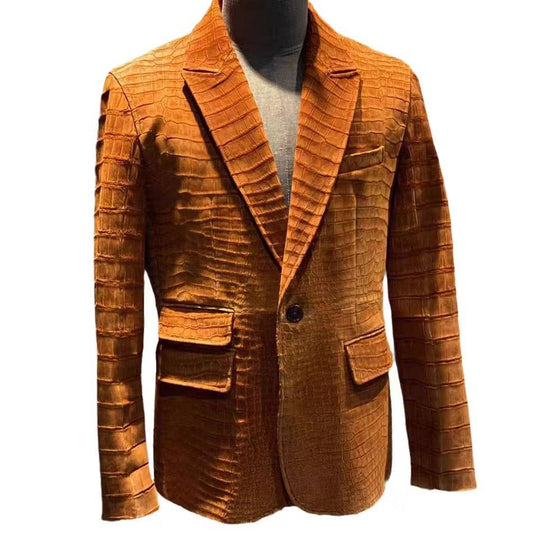 Stylish Orange Nubuck Crocodile Leather Suite Blazer