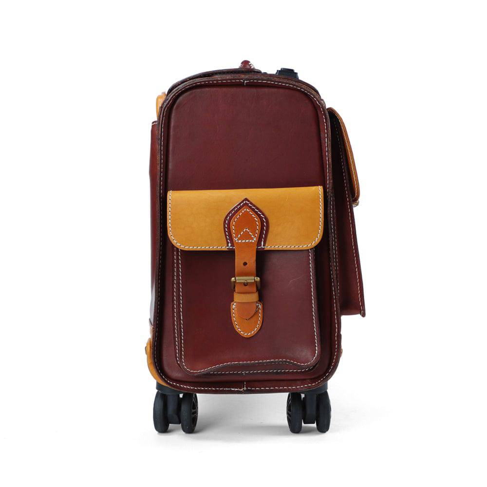 Unisex 23" Genuine Vegetable Tanned Leather Rolling Duffle Bag Trolley Wheeled Carry On Luggage Suitcase Tote
