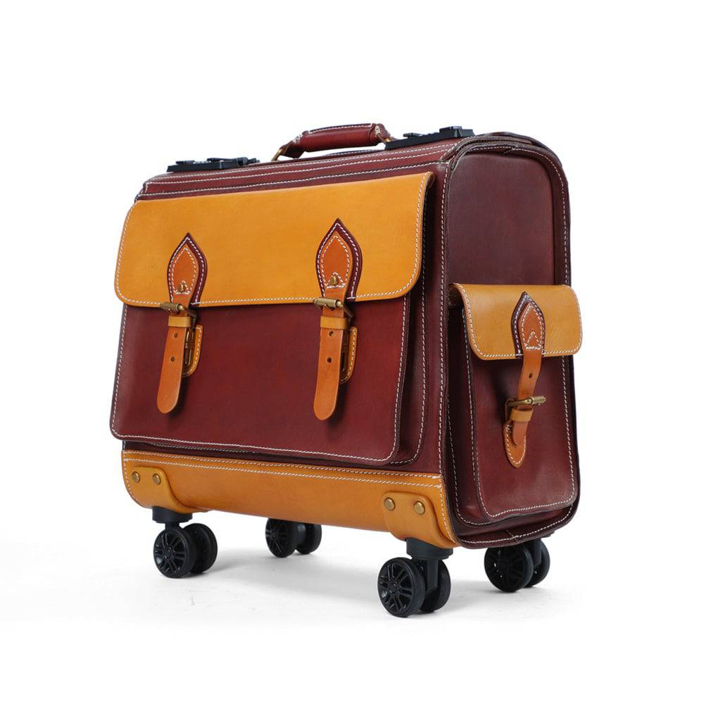 Unisex 23" Genuine Vegetable Tanned Leather Rolling Duffle Bag Trolley Wheeled Carry On Luggage Suitcase Tote