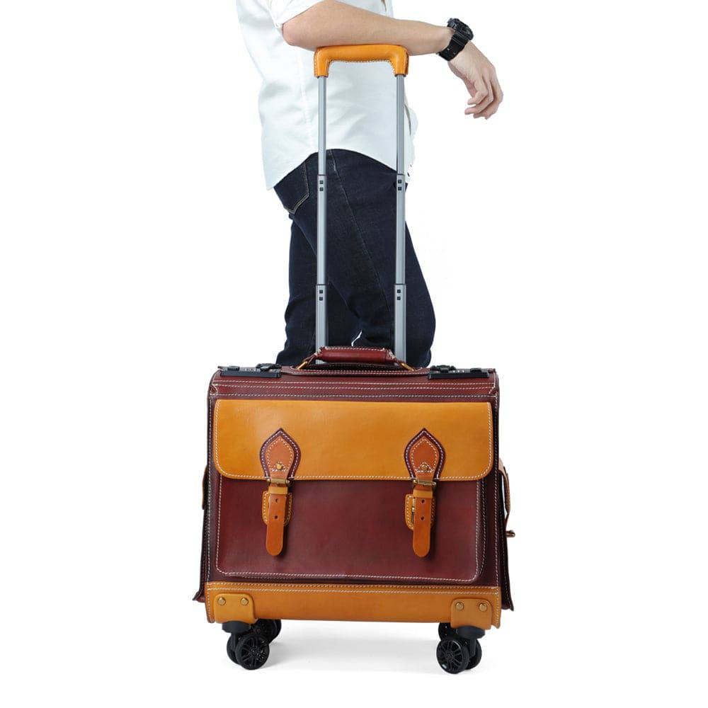 Unisex 23" Genuine Vegetable Tanned Leather Rolling Duffle Bag Trolley Wheeled Carry On Luggage Suitcase Tote
