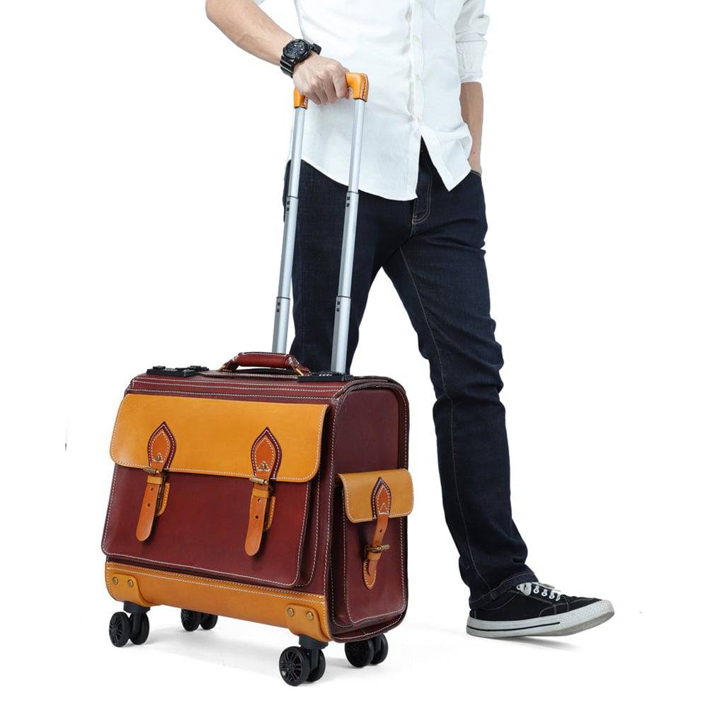 Unisex 23" Genuine Vegetable Tanned Leather Rolling Duffle Bag Trolley Wheeled Carry On Luggage Suitcase Tote