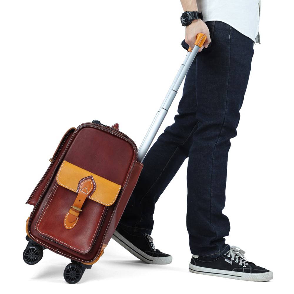 Unisex 23" Genuine Vegetable Tanned Leather Rolling Duffle Bag Trolley Wheeled Carry On Luggage Suitcase Tote