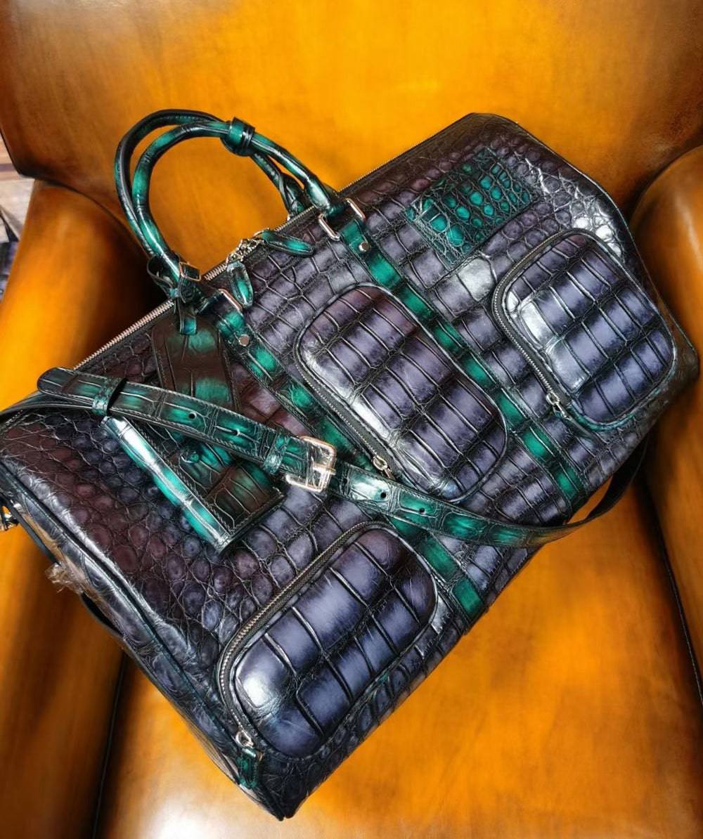 Vintage Green Genuine Crocodile Leather Large Duffel Bag