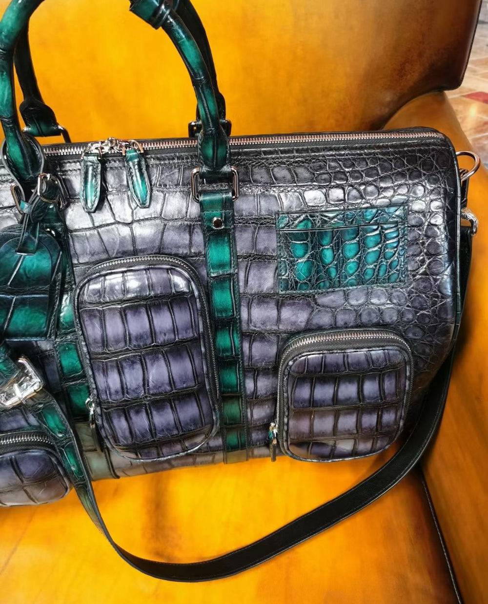 Vintage Green Genuine Crocodile Leather Large Duffel Bag