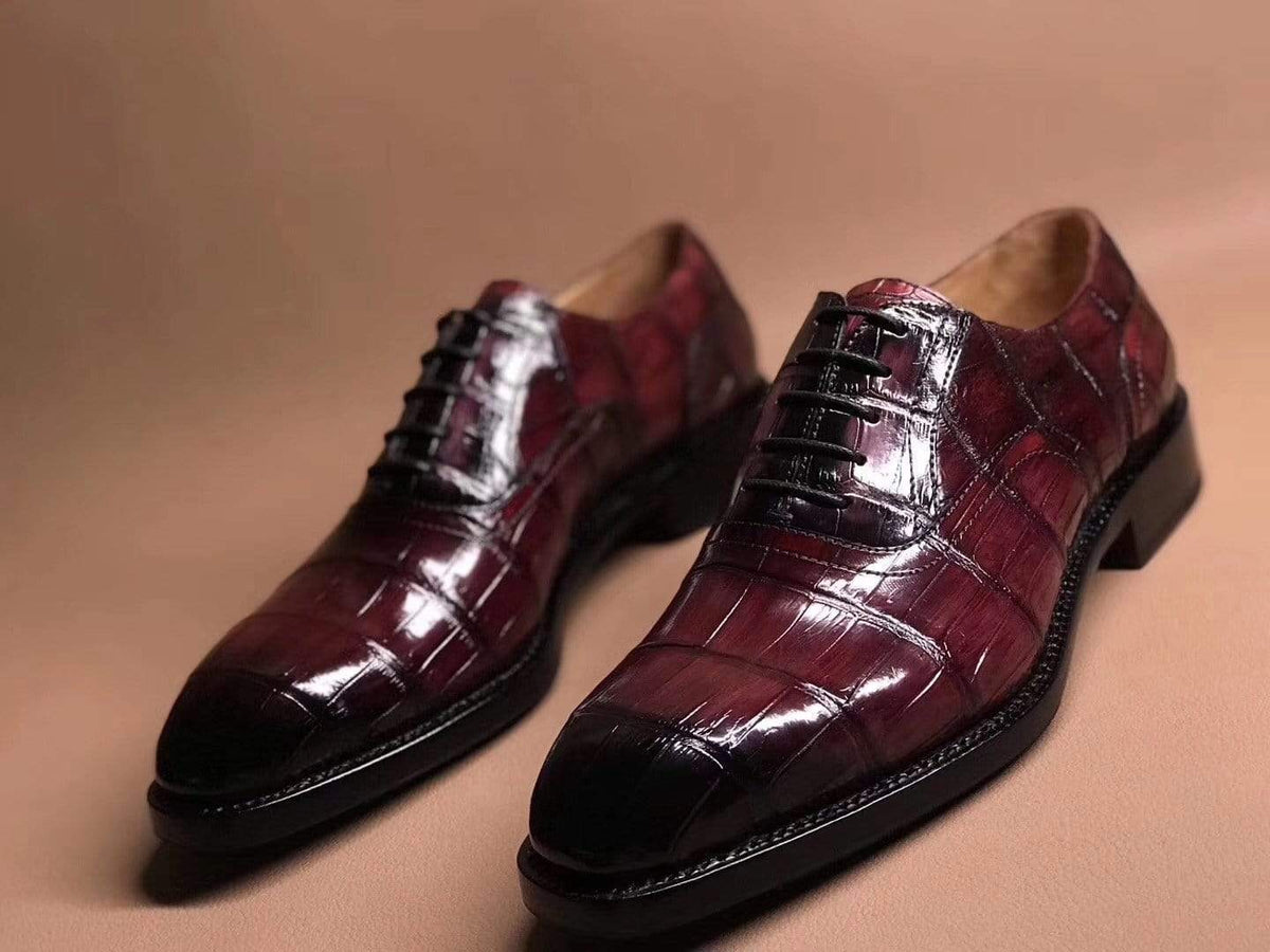 Crocodile Shoes Wine Red Crocodile Leather Lace Up Shoes