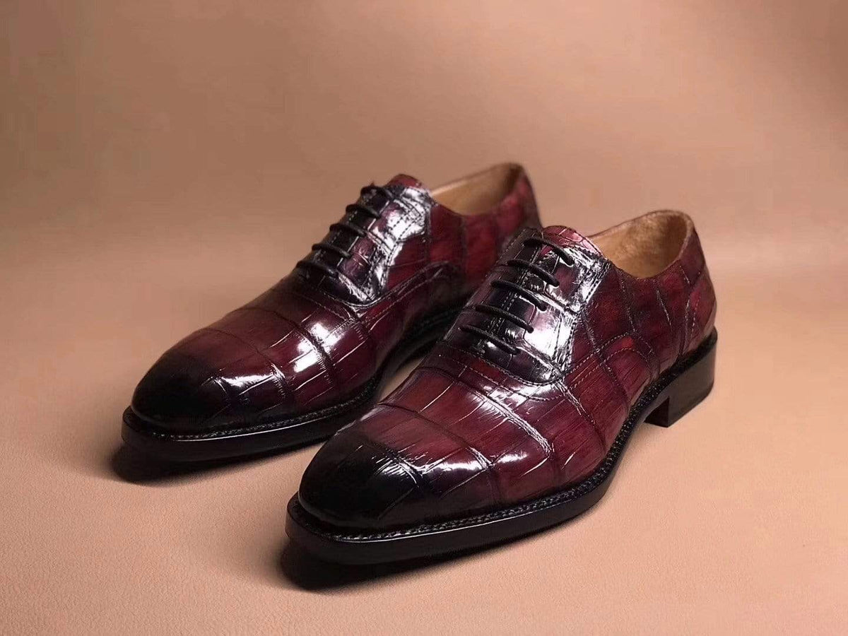 Crocodile Shoes Wine Red Crocodile Leather Lace Up Shoes