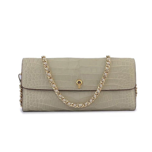 Women's Crocodile Leather Pouches Chain Pouchette Clutch Bags Cream