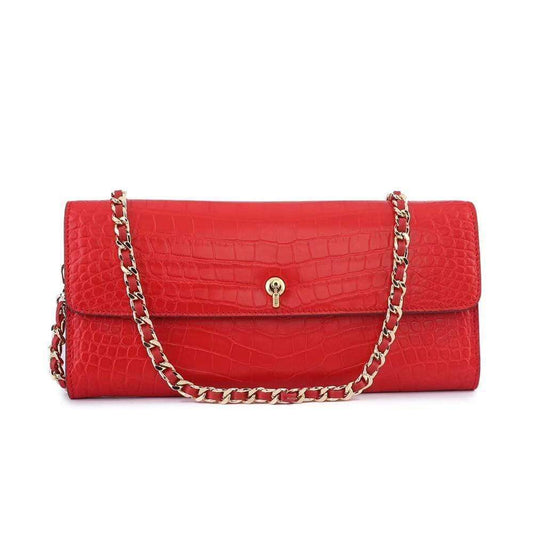 Women's Crocodile Leather Pouches Chain Pouchette Clutch Bags Red