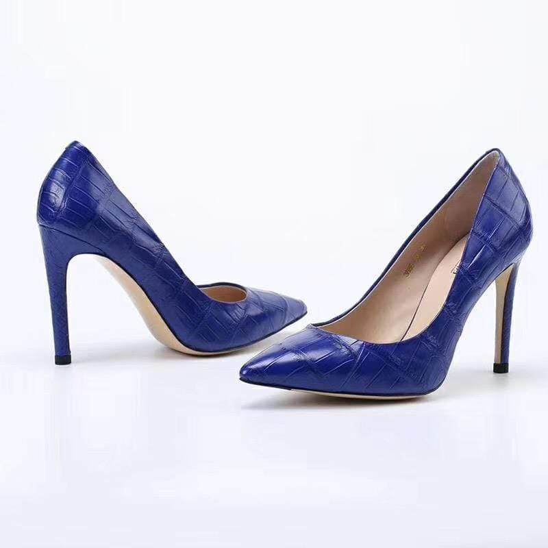 Crocodile Shoes Women's Genuine Crocodile Belly Leather Blue Point Toe Court High Heels