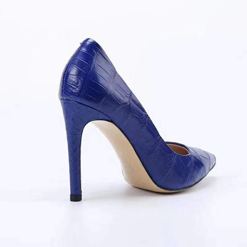 Crocodile Shoes Women's Genuine Crocodile Belly Leather Blue Point Toe Court High Heels