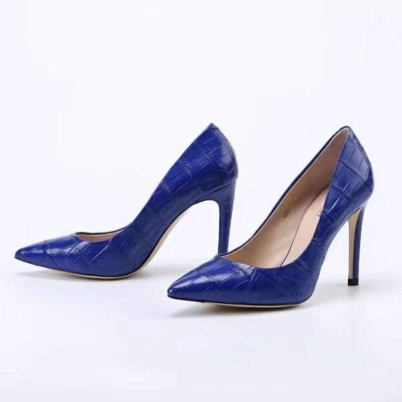Crocodile Shoes Women's Genuine Crocodile Belly Leather Blue Point Toe Court High Heels
