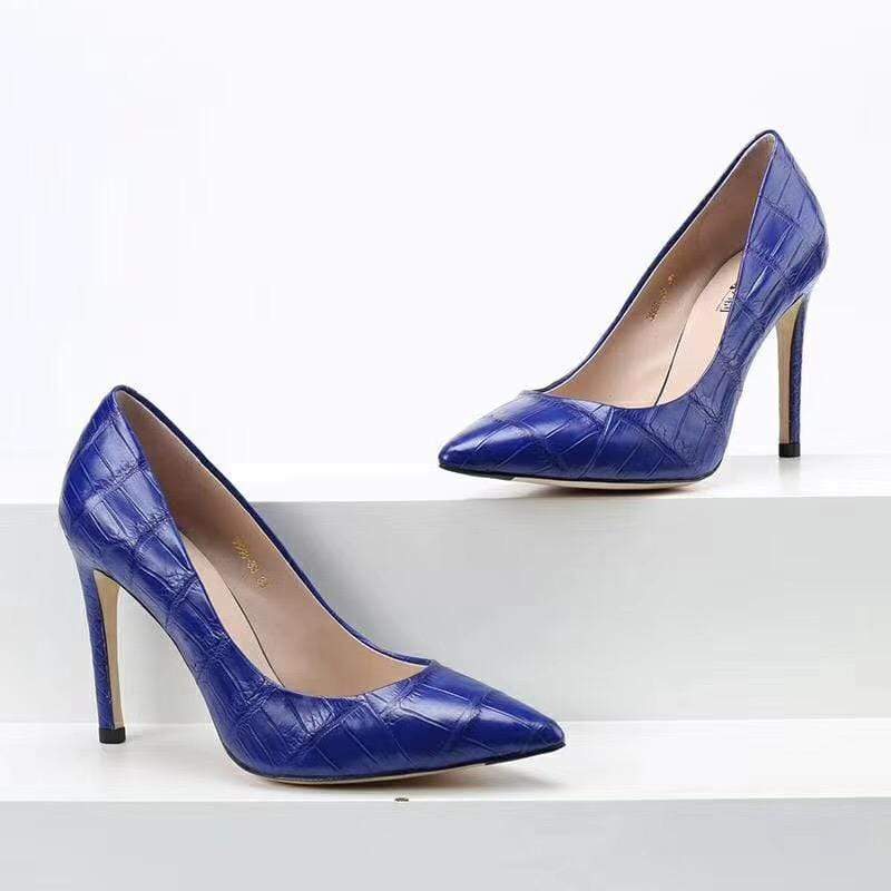 Crocodile Shoes Women's Genuine Crocodile Belly Leather Blue Point Toe Court High Heels