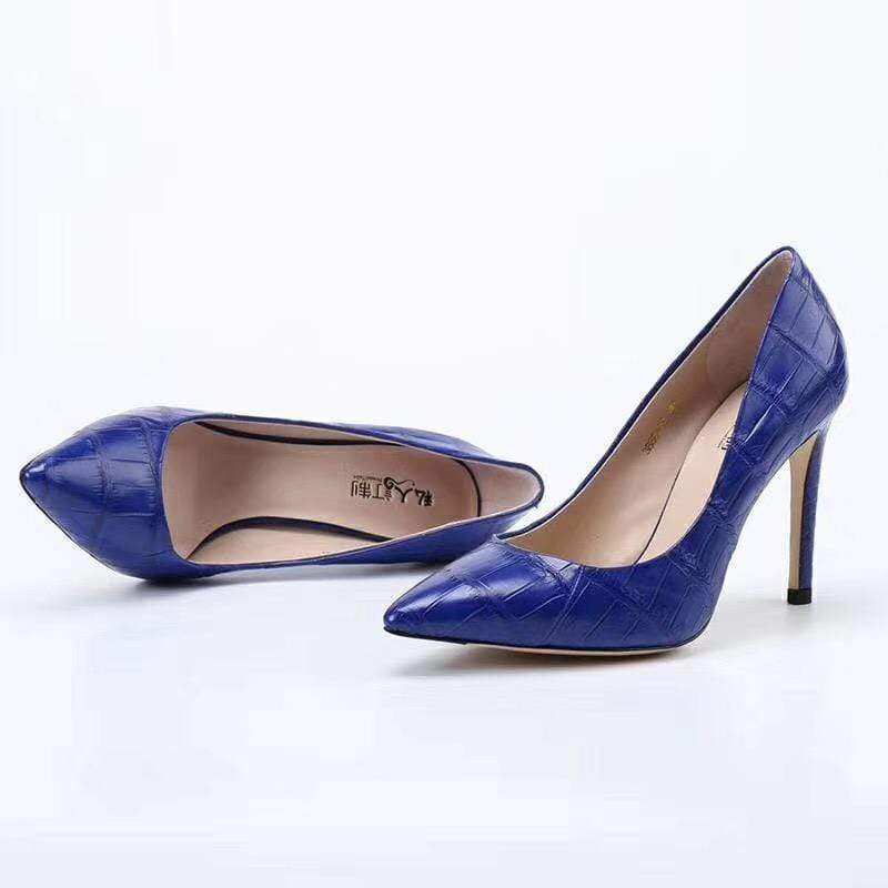 Crocodile Shoes Women's Genuine Crocodile Belly Leather Blue Point Toe Court High Heels