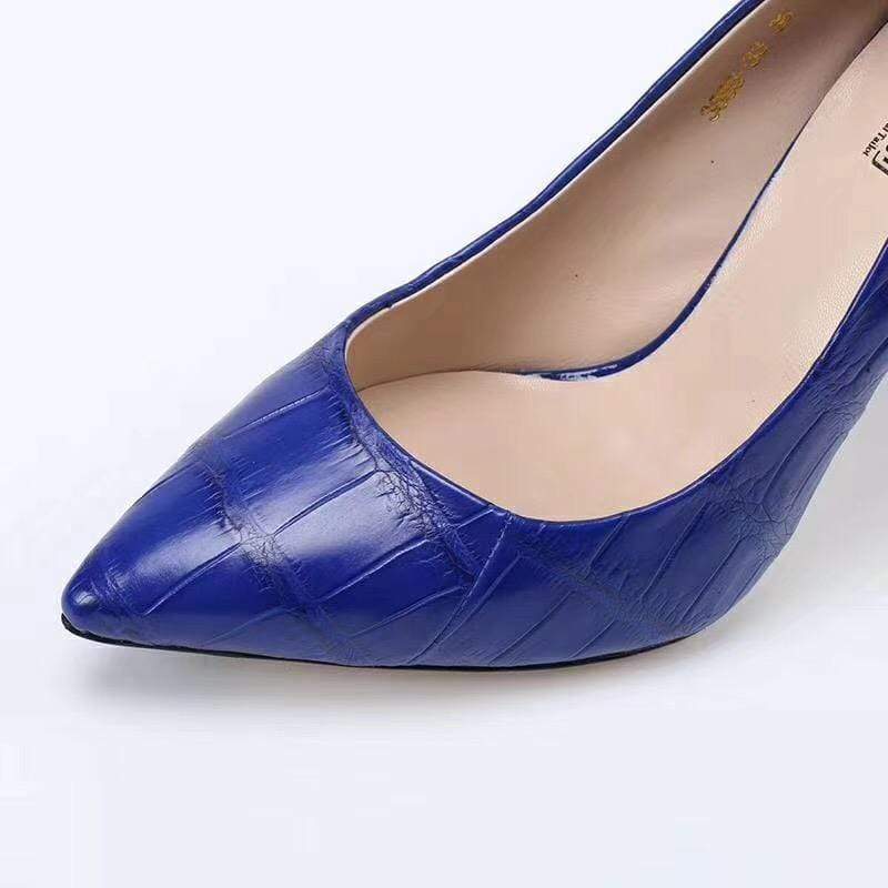 Crocodile Shoes Women's Genuine Crocodile Belly Leather Blue Point Toe Court High Heels