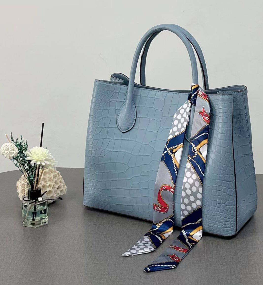 Women's Genuine Crocodile Leather Top Handle Shoulder Tote Purse Messenger Bags 32cm Pale Blue