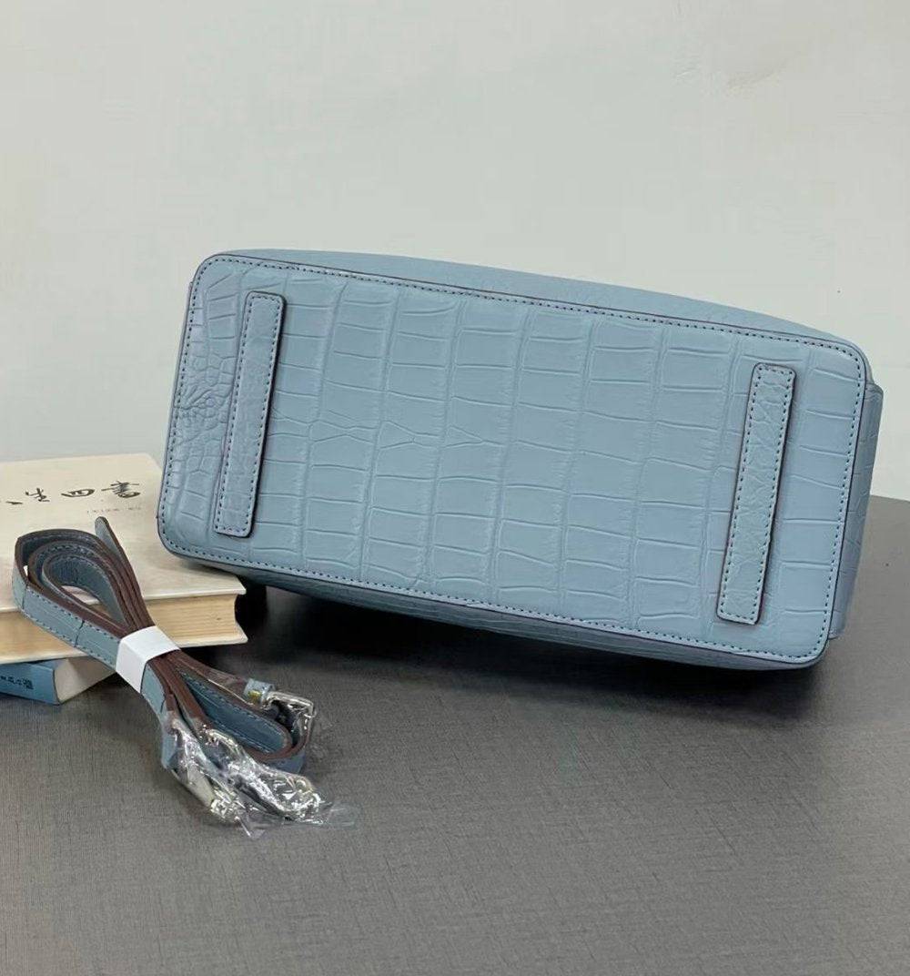 Women's Genuine Crocodile Leather Top Handle Shoulder Tote Purse Messenger Bags 32cm Pale Blue