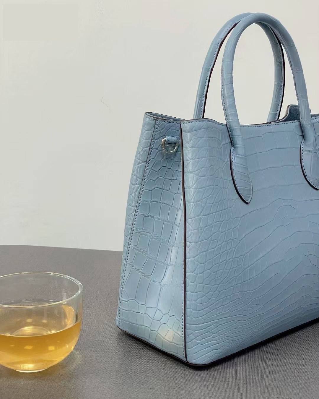 Women's Genuine Crocodile Leather Top Handle Shoulder Tote Purse Messenger Bags 32cm Pale Blue