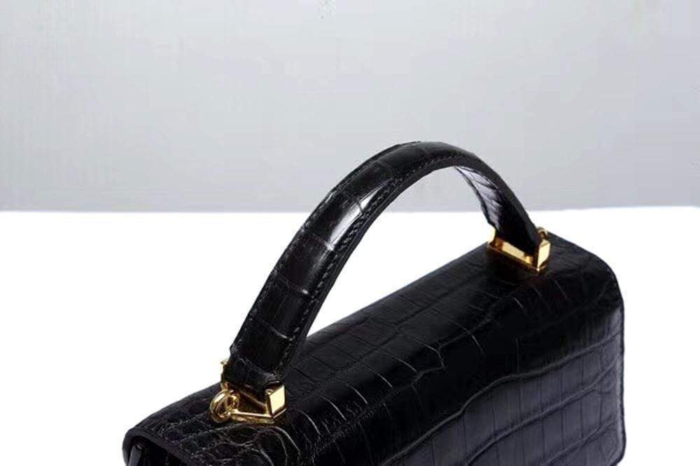 Borsa tote da donna in vera pelle di coccodrillo con manici superiori nera