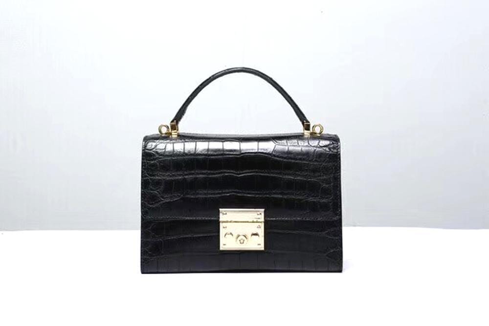 Borsa tote da donna in vera pelle di coccodrillo con manici superiori, nera