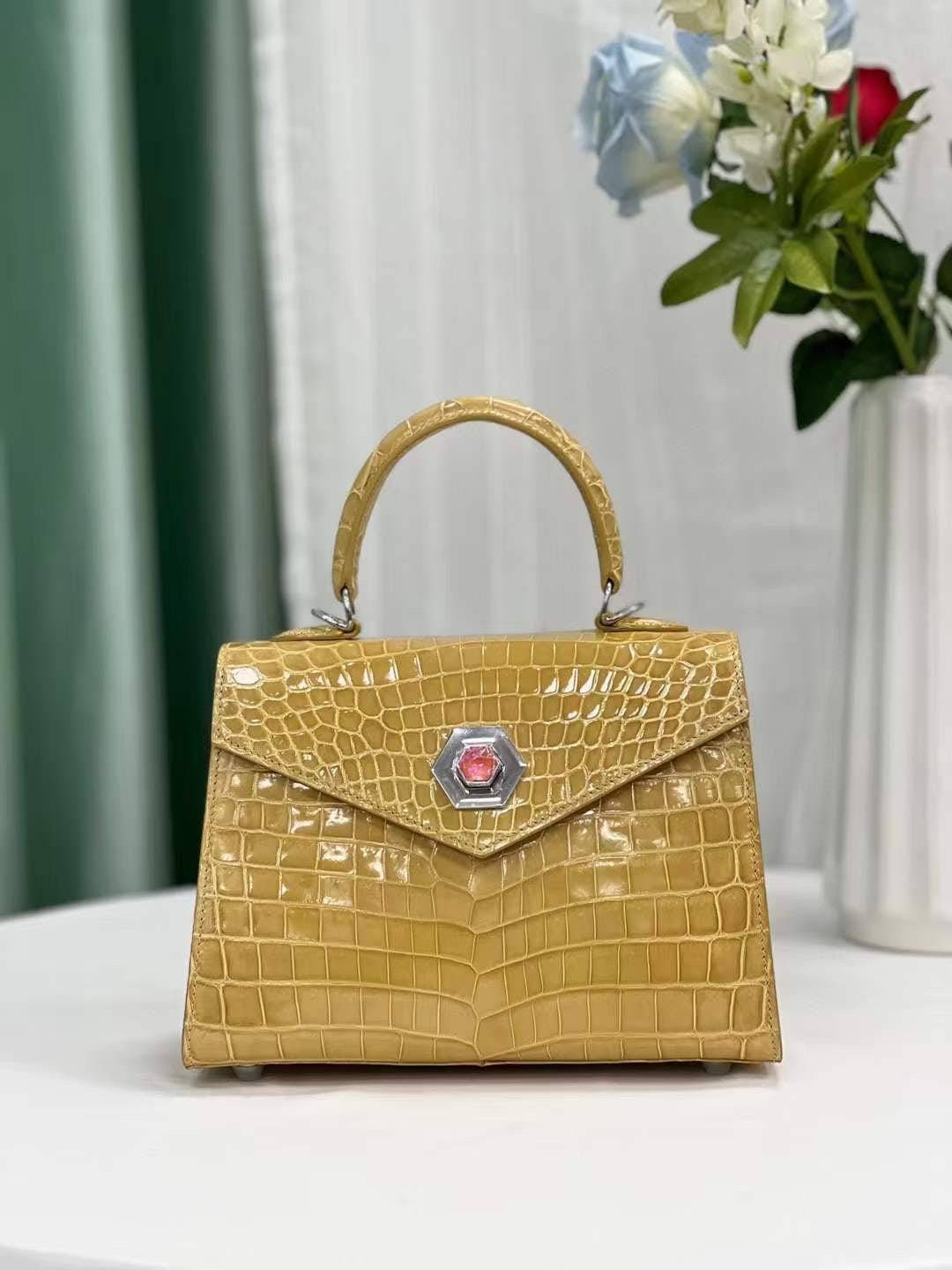 Womens Beige Shiny Crocodile Leather Top Handle Cross Body Bag