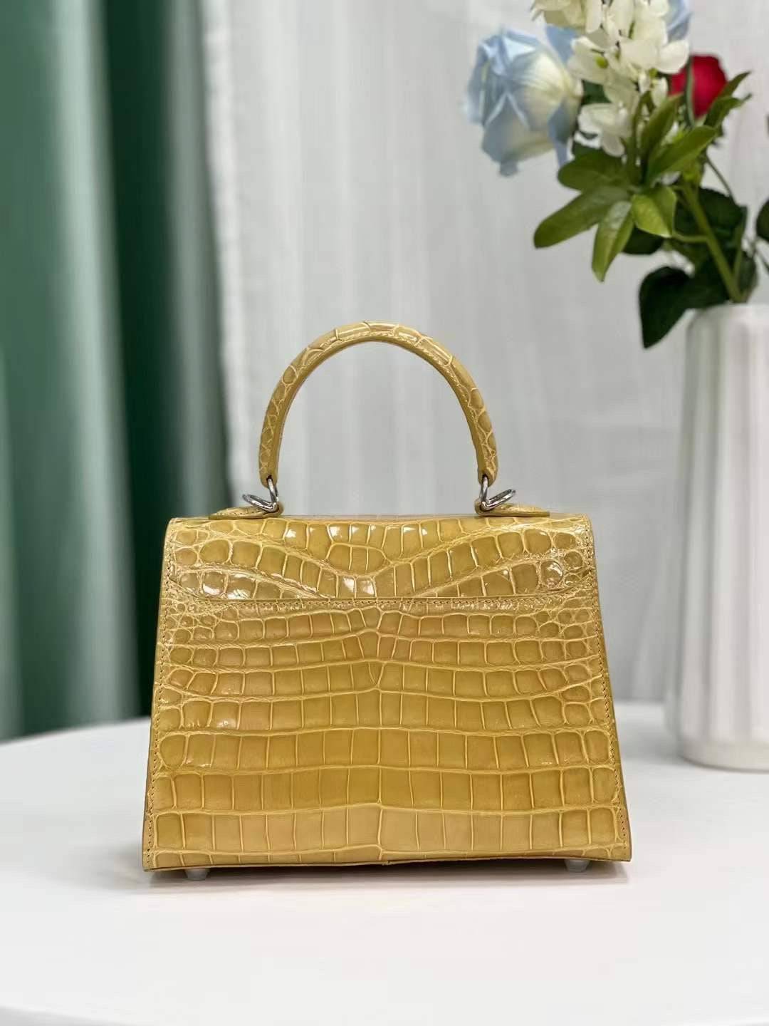 Womens Beige Shiny Crocodile Leather Top Handle Cross Body Bag